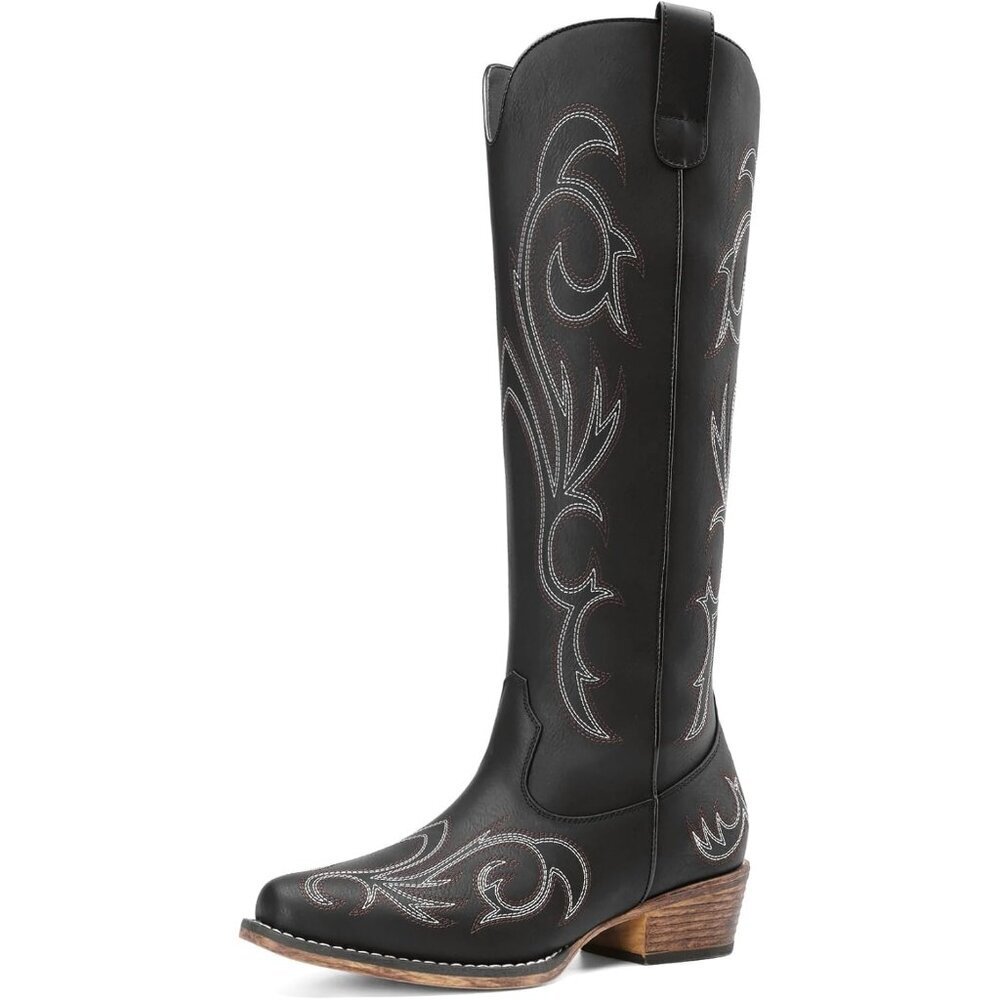 Womens Faux Leather Black Knee High Chunky Heel Side Zipper Embroidered Boots